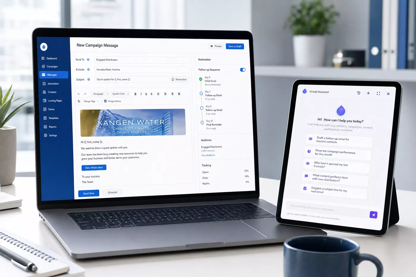 Email automation and Eva assistant shown across laptop and tablet screens
