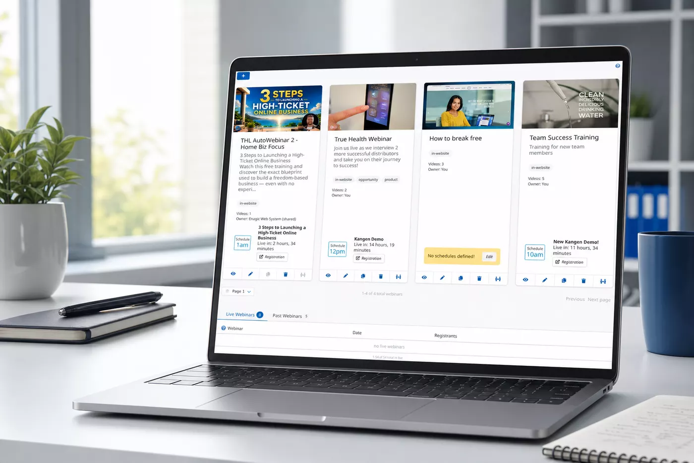 AutoWebinar manager shown on a laptop with scheduled replay webinars