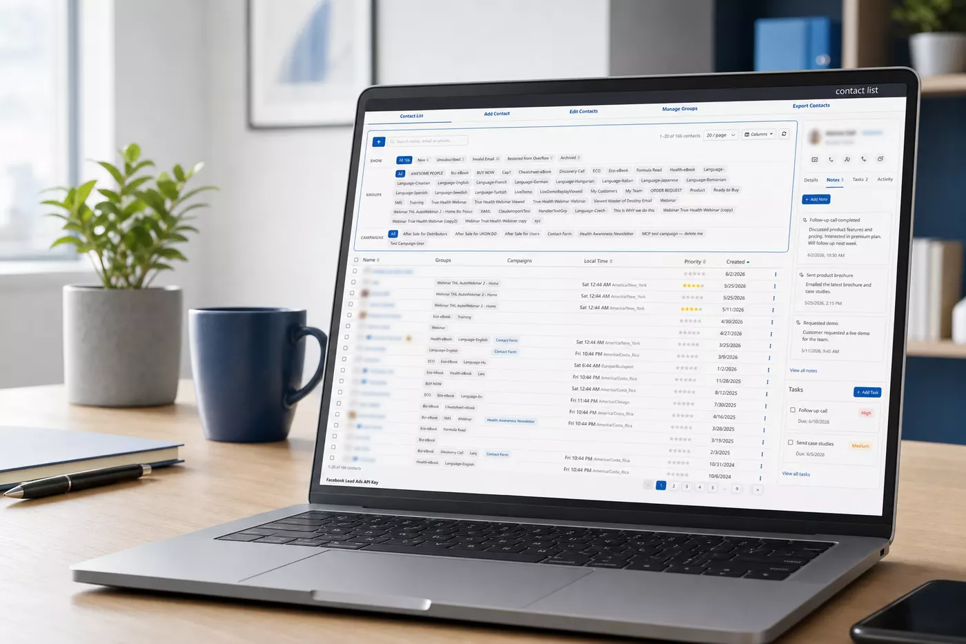 Contact Manager CRM shown on a laptop with groups, campaigns, priority, and notes