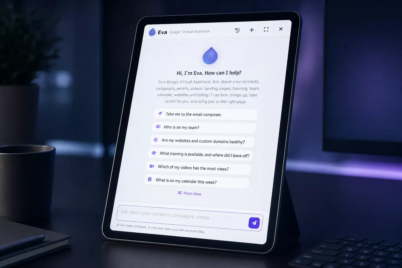 Eva assistant shown on a tablet with suggested backoffice prompts