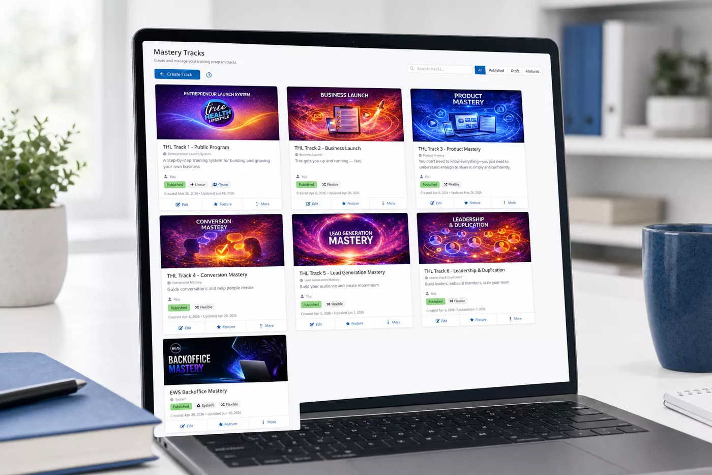 Mastery Tracks builder shown on a laptop with training programs and visibility controls