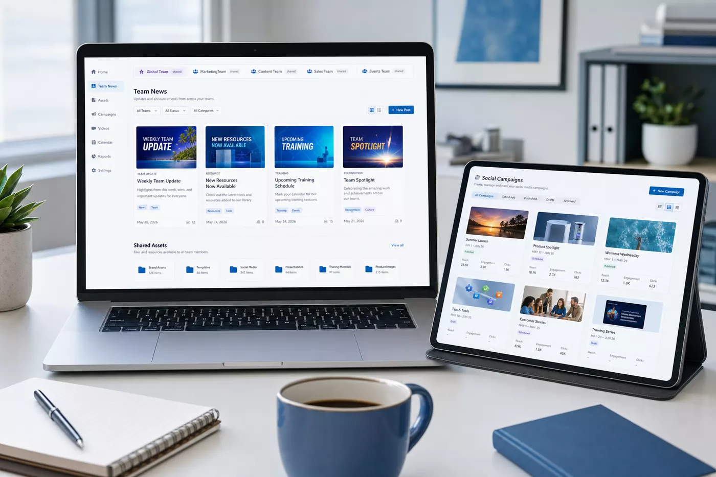 Team news, shared assets, and social campaign tools shown across laptop and tablet screens