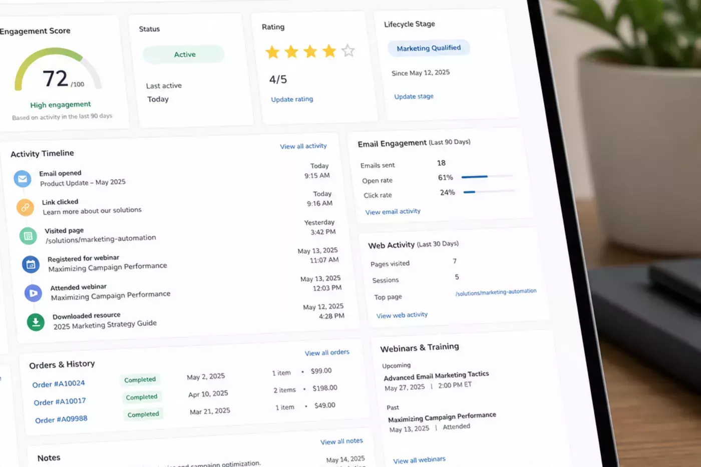 Generated contact journey dashboard showing engagement score, activity timeline, email activity, web activity, and training history