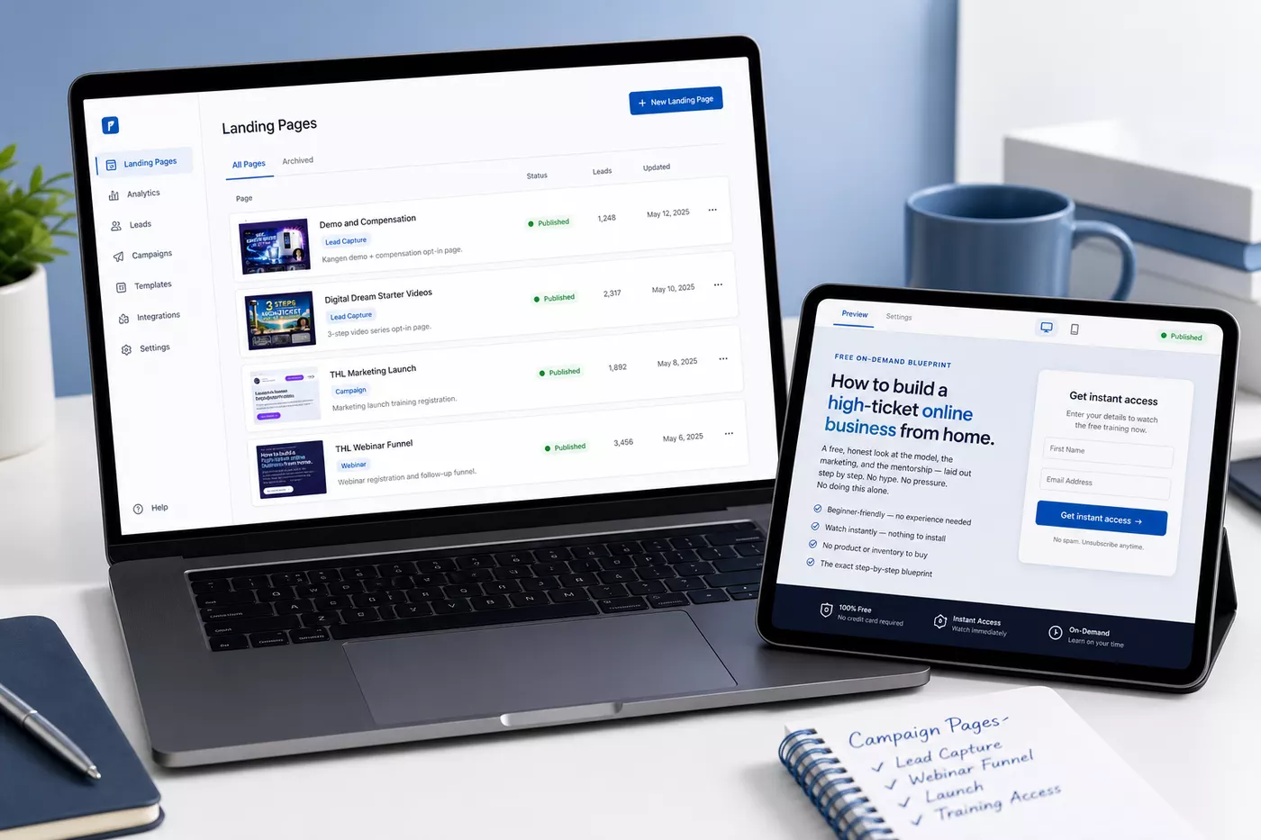 Generated Landing Pages manager and lead-capture preview