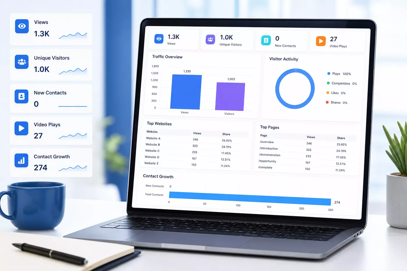 Generated website analytics dashboard with traffic, visitor, top-site, top-page, video-play, and contact-growth cards